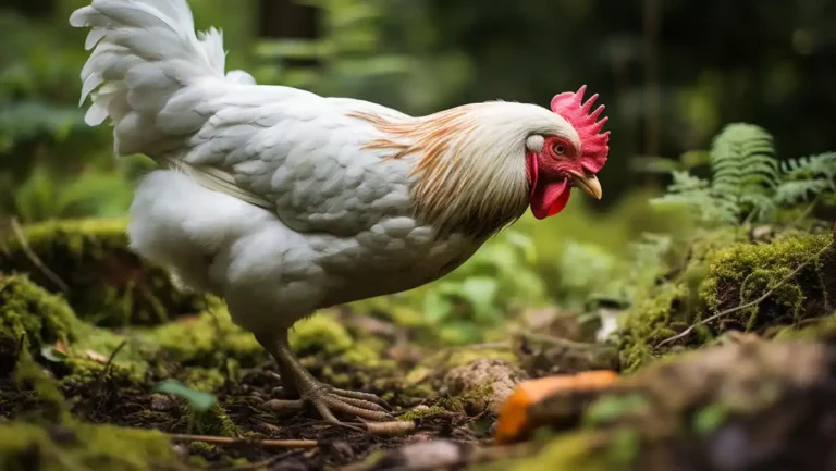 chicken foraging in a forest