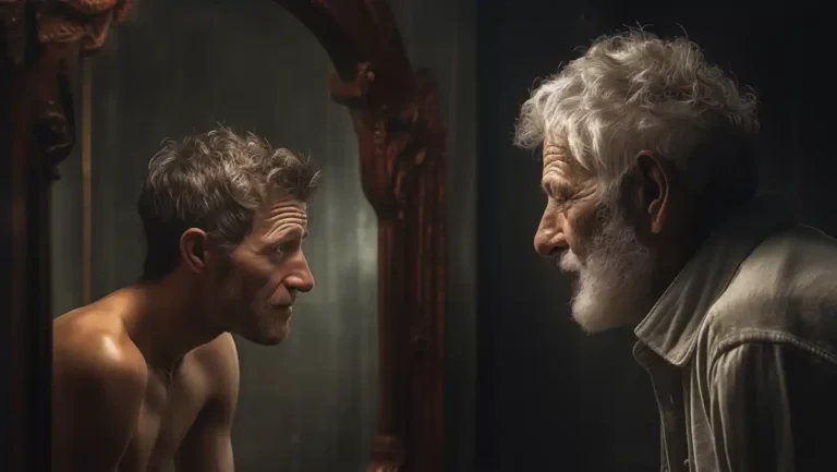 Old man looking at younger man in the mirror
